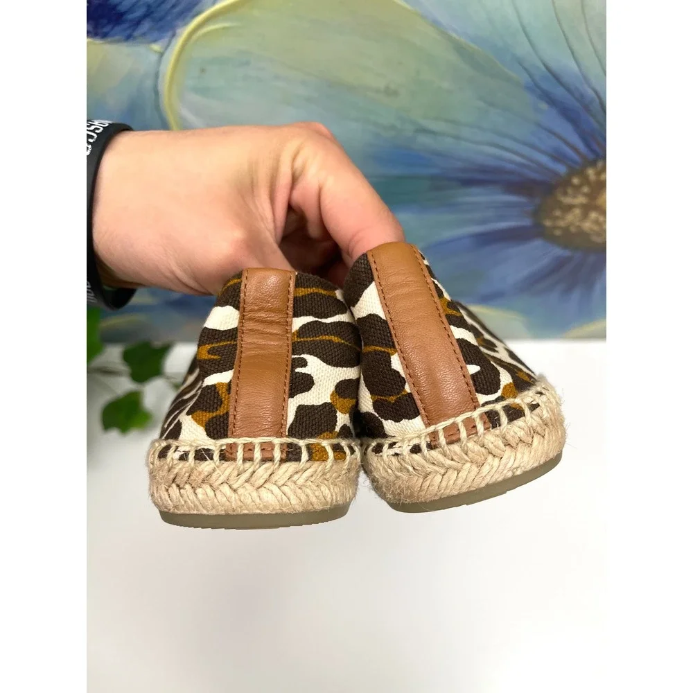 New Tory Burch Ines‎ Leopard Print Canvas Espadrille Flats Brown Tan Women 9.5